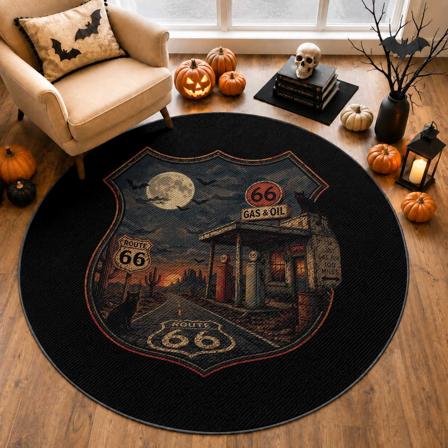 Spooky Route 66 Halloween Gas Station Round Rug American Road Trip Adventure