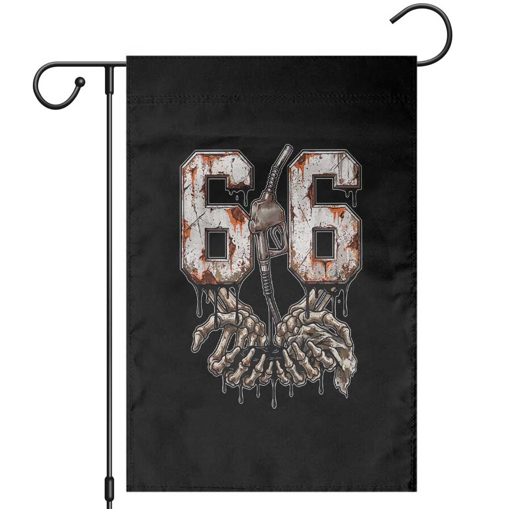 Route Highway 666 Gas Pump Skeleton Hands Garden Flag Spooky Halloween Road Trip