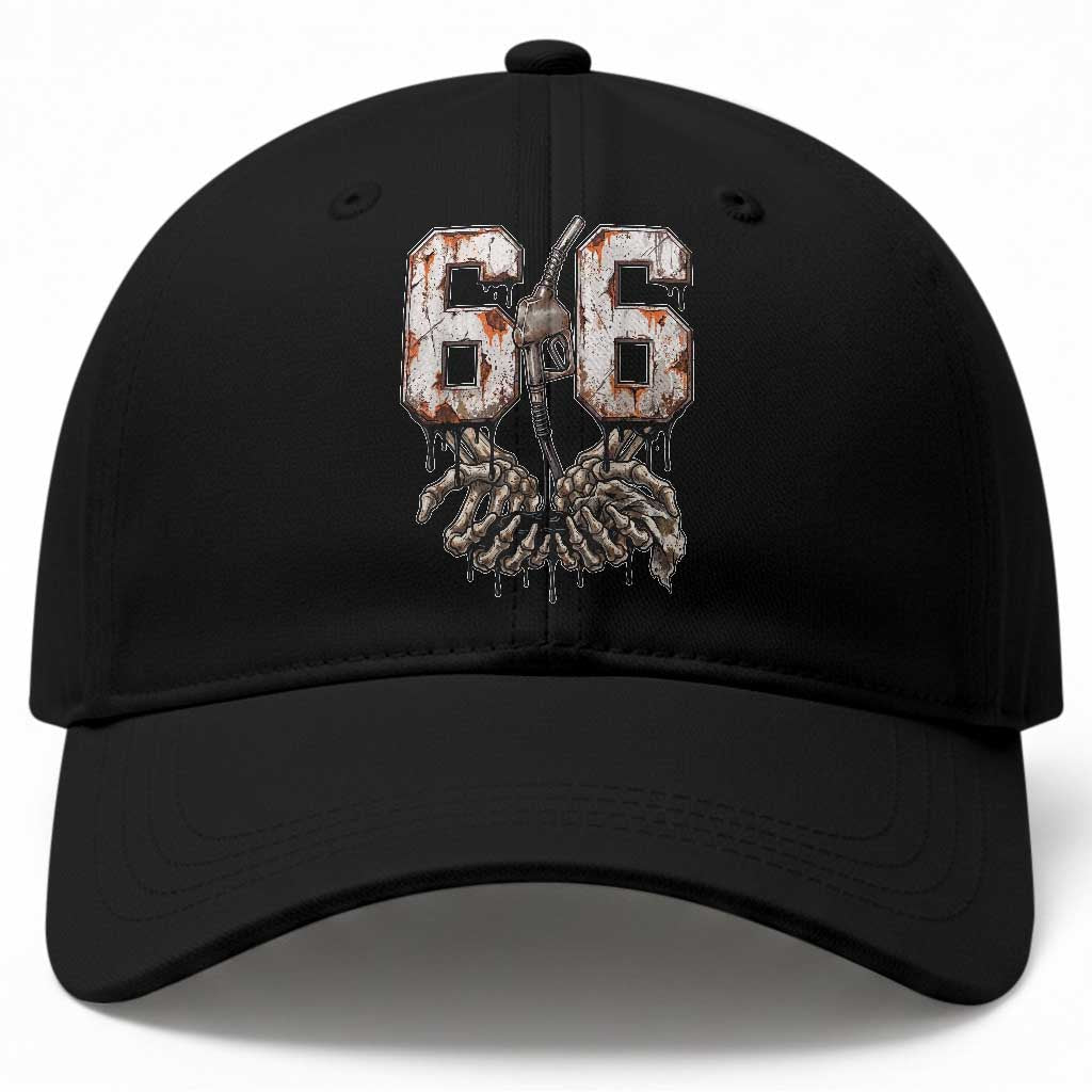 Route Highway 666 Gas Pump Skeleton Hands Baseball Cap Spooky Halloween Road Trip