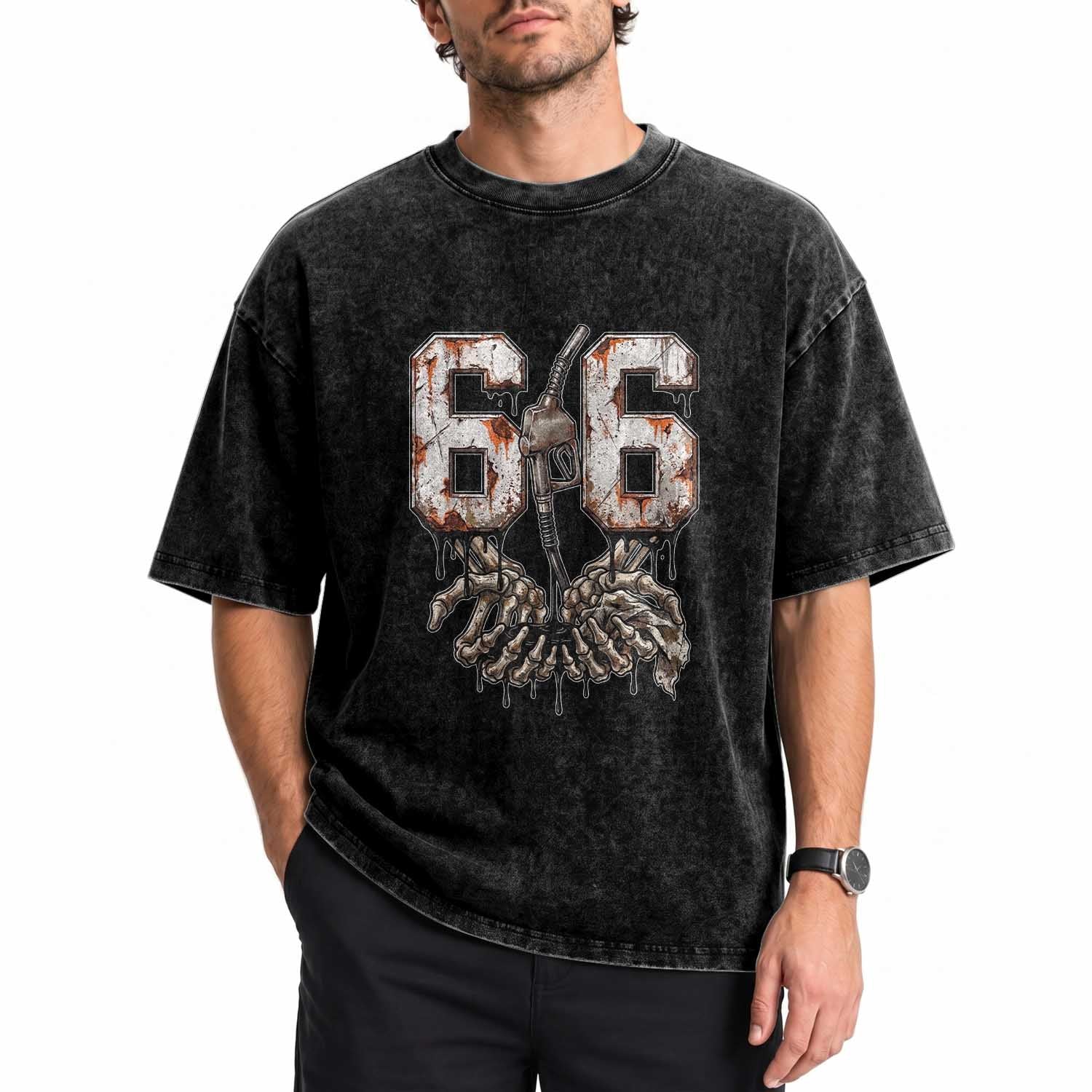Route Highway 666 Gas Pump Skeleton Hands Washed Cotton T-Shirt Spooky Halloween Road Trip