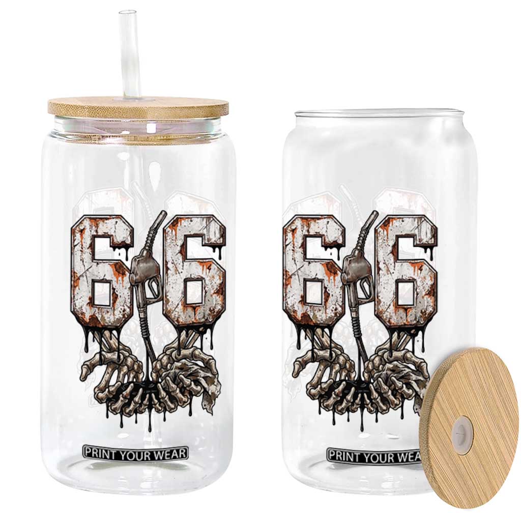 Route Highway 666 Gas Pump Skeleton Hands Glass Can Spooky Halloween Road Trip