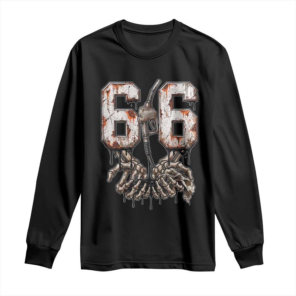 Route Highway 666 Gas Pump Skeleton Hands Long Sleeve Shirt Spooky Halloween Road Trip
