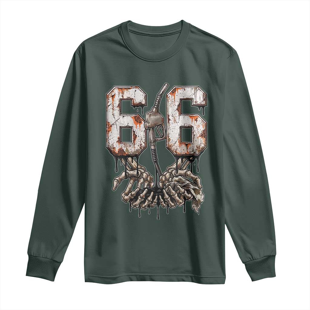 Route Highway 666 Gas Pump Skeleton Hands Long Sleeve Shirt Spooky Halloween Road Trip
