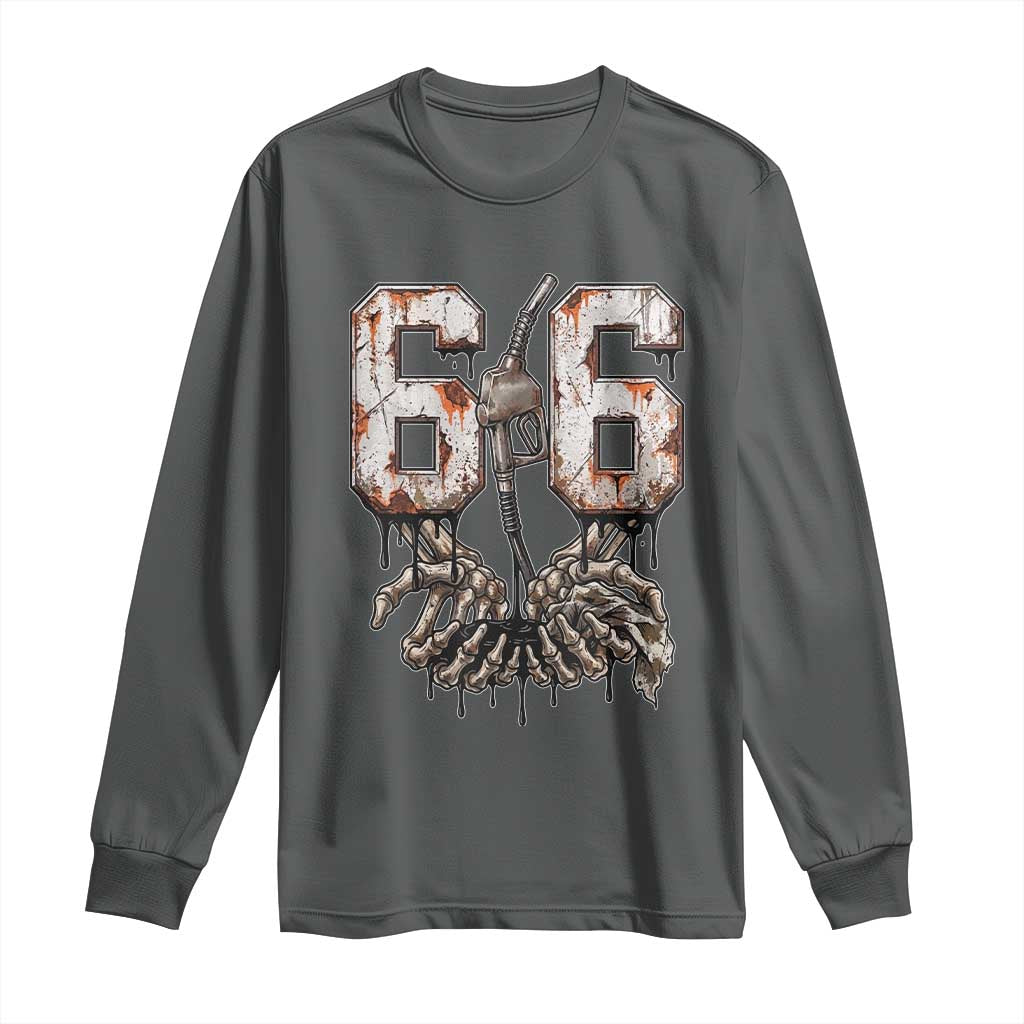 Route Highway 666 Gas Pump Skeleton Hands Long Sleeve Shirt Spooky Halloween Road Trip