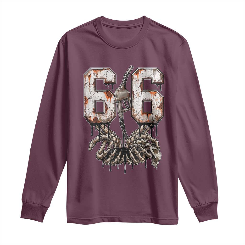 Route Highway 666 Gas Pump Skeleton Hands Long Sleeve Shirt Spooky Halloween Road Trip