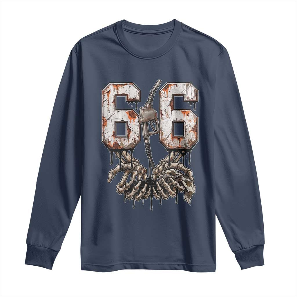 Route Highway 666 Gas Pump Skeleton Hands Long Sleeve Shirt Spooky Halloween Road Trip