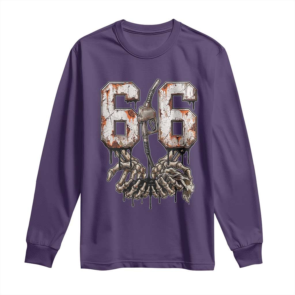 Route Highway 666 Gas Pump Skeleton Hands Long Sleeve Shirt Spooky Halloween Road Trip