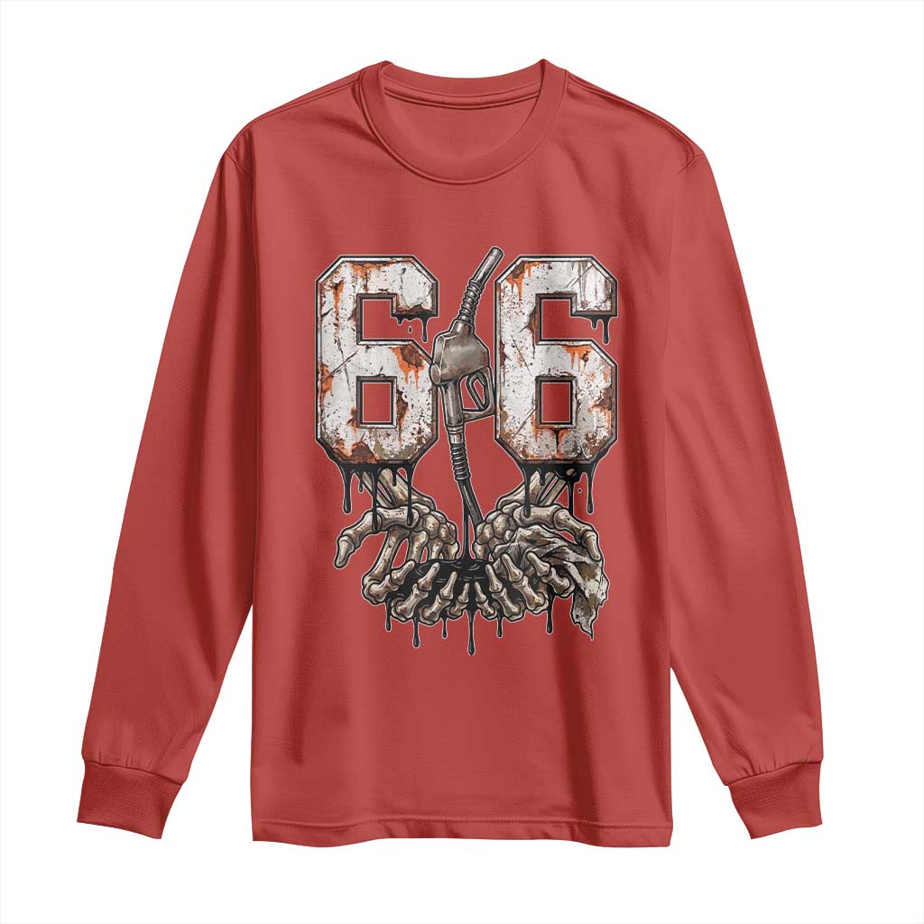 Route Highway 666 Gas Pump Skeleton Hands Long Sleeve Shirt Spooky Halloween Road Trip