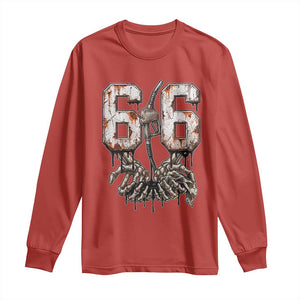 Route Highway 666 Gas Pump Skeleton Hands Long Sleeve Shirt Spooky Halloween Road Trip