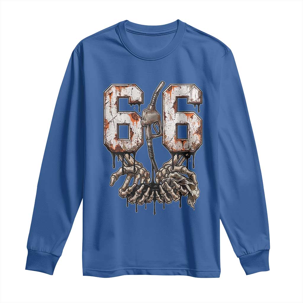 Route Highway 666 Gas Pump Skeleton Hands Long Sleeve Shirt Spooky Halloween Road Trip