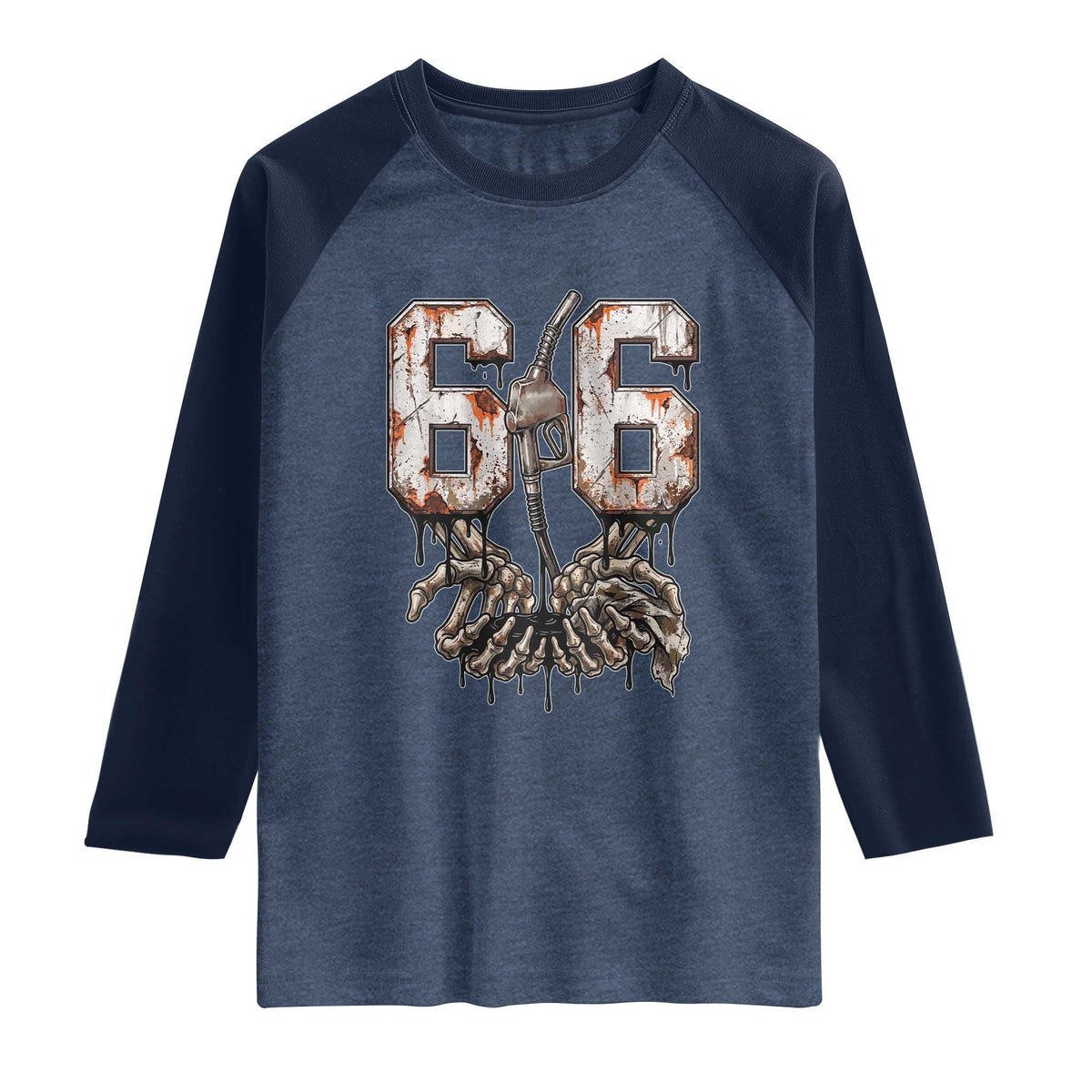 Route Highway 666 Gas Pump Skeleton Hands Raglan Shirt Spooky Halloween Road Trip
