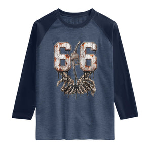 Route Highway 666 Gas Pump Skeleton Hands Raglan Shirt Spooky Halloween Road Trip