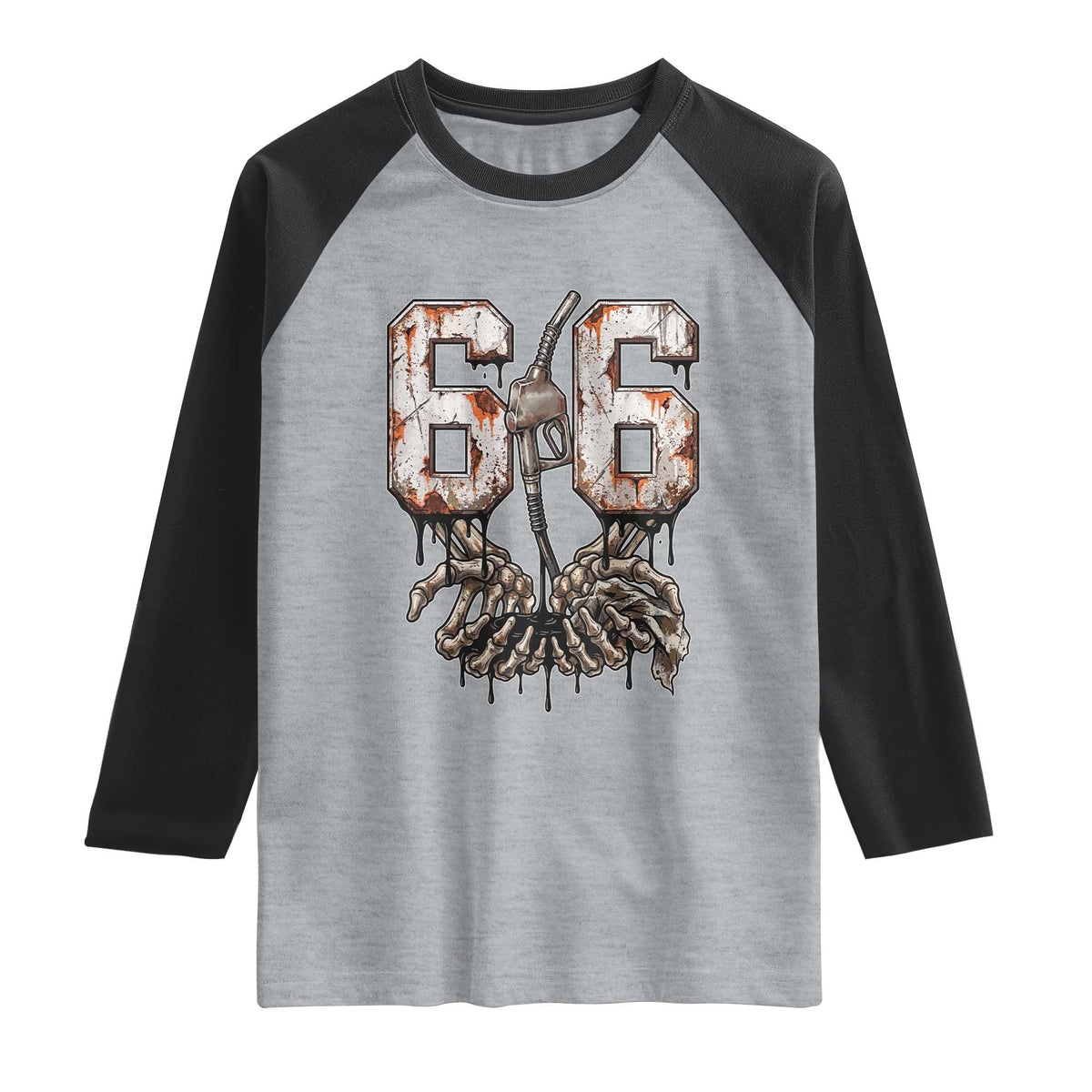 Route Highway 666 Gas Pump Skeleton Hands Raglan Shirt Spooky Halloween Road Trip
