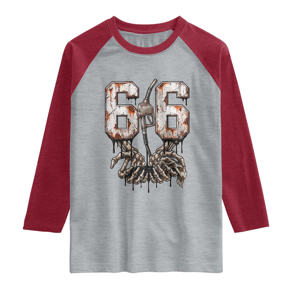 Route Highway 666 Gas Pump Skeleton Hands Raglan Shirt Spooky Halloween Road Trip