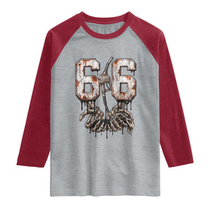 Route Highway 666 Gas Pump Skeleton Hands Raglan Shirt Spooky Halloween Road Trip