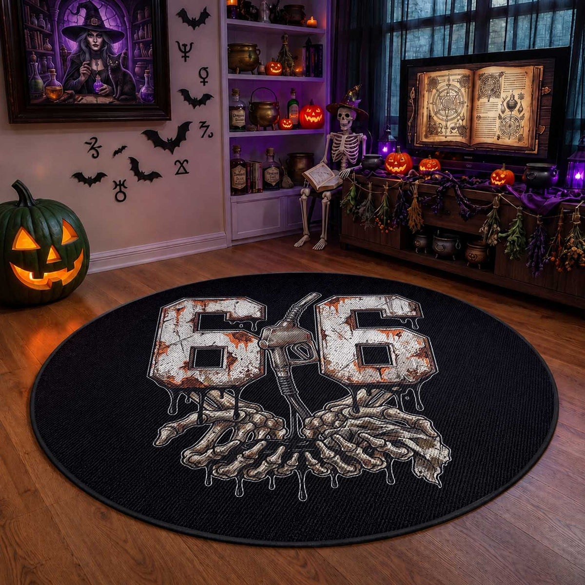 Route Highway 666 Gas Pump Skeleton Hands Round Rug Spooky Halloween Road Trip