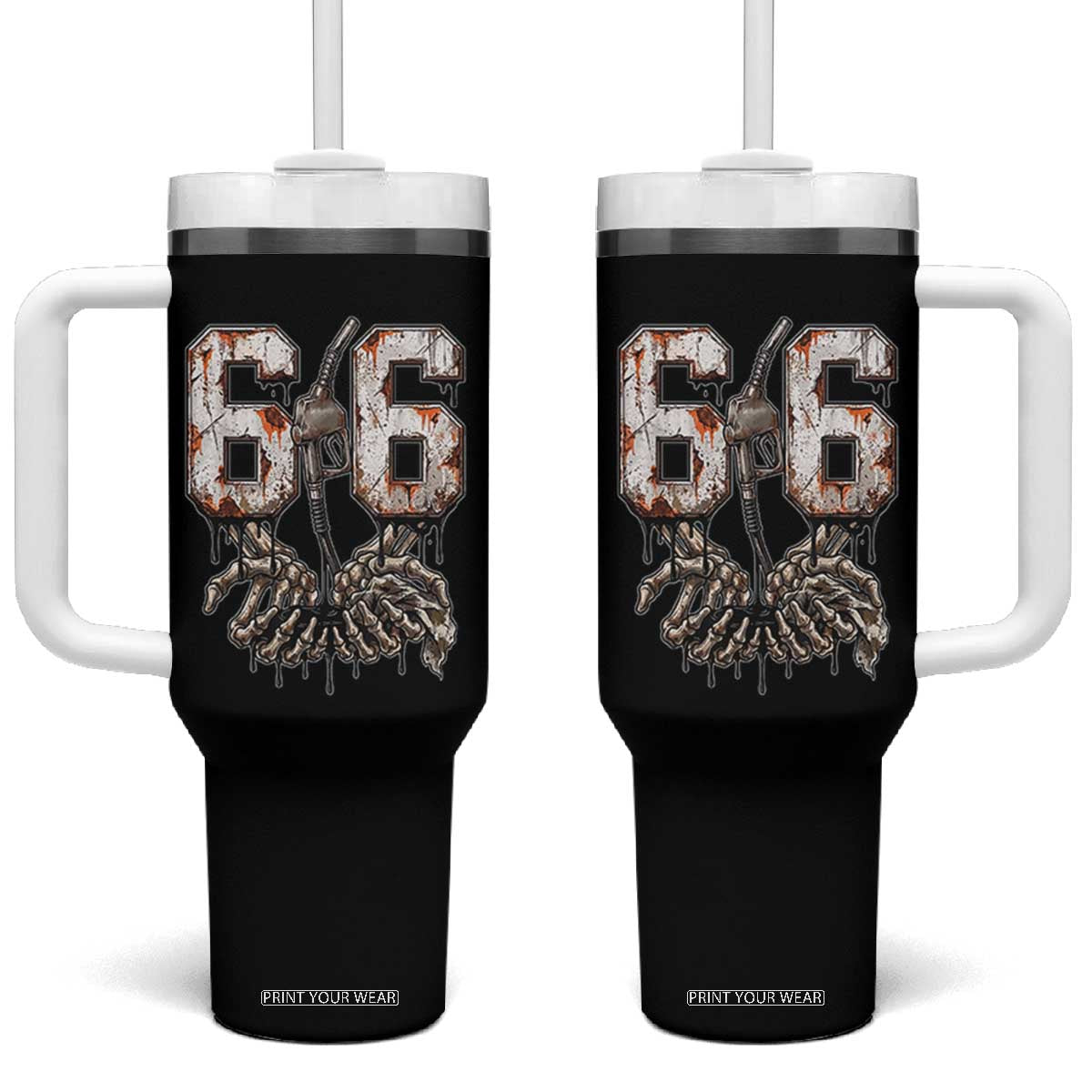 Route Highway 666 Gas Pump Skeleton Hands Tumbler With Handle Spooky Halloween Road Trip