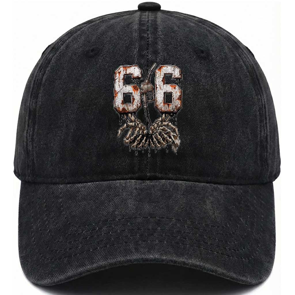 Route Highway 666 Gas Pump Skeleton Hands Washed Cotton Baseball Cap Spooky Halloween Road Trip