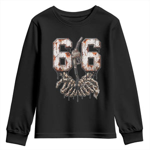 Route Highway 666 Gas Pump Skeleton Hands Youth Sweatshirt Spooky Halloween Road Trip