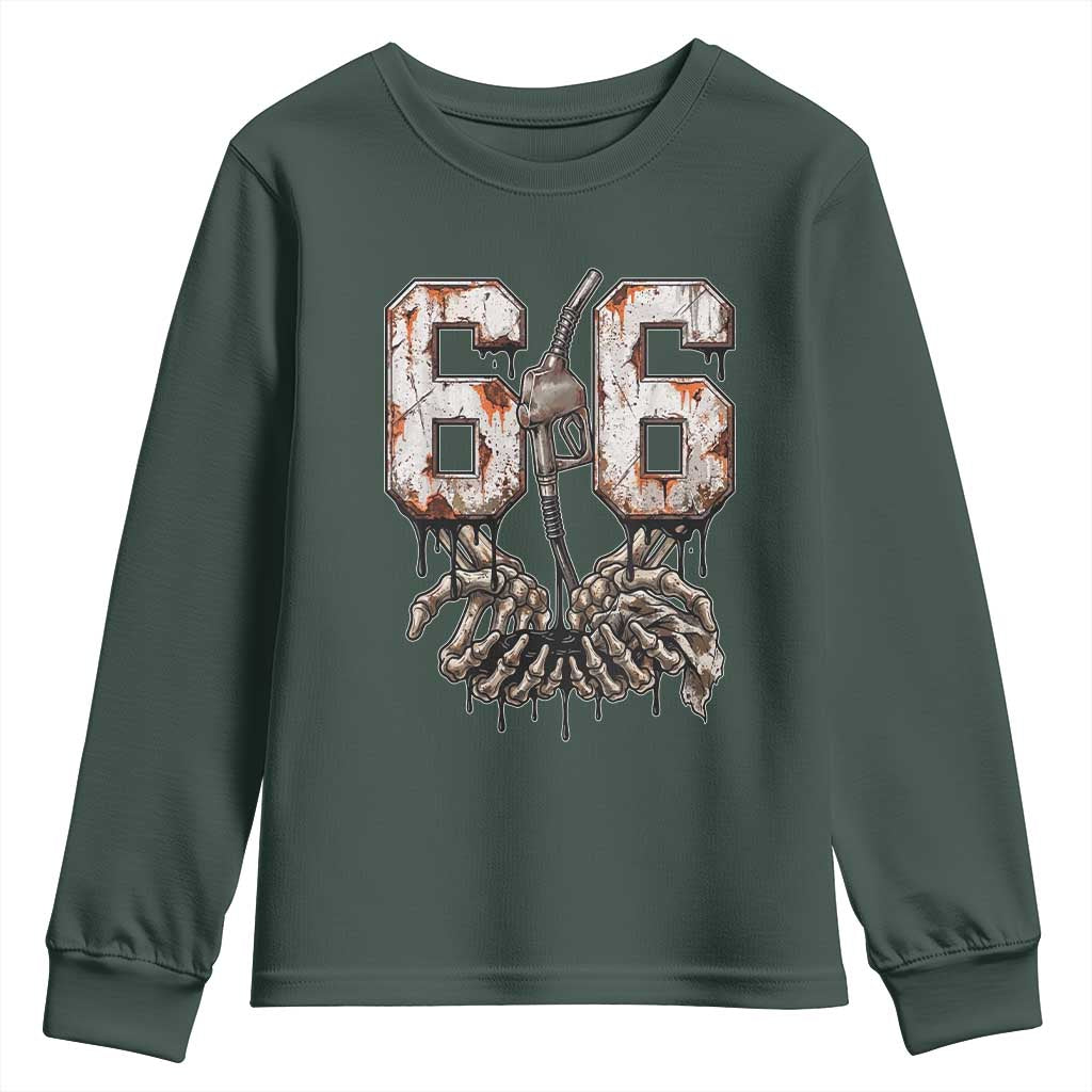 Route Highway 666 Gas Pump Skeleton Hands Youth Sweatshirt Spooky Halloween Road Trip