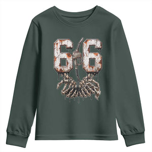 Route Highway 666 Gas Pump Skeleton Hands Youth Sweatshirt Spooky Halloween Road Trip