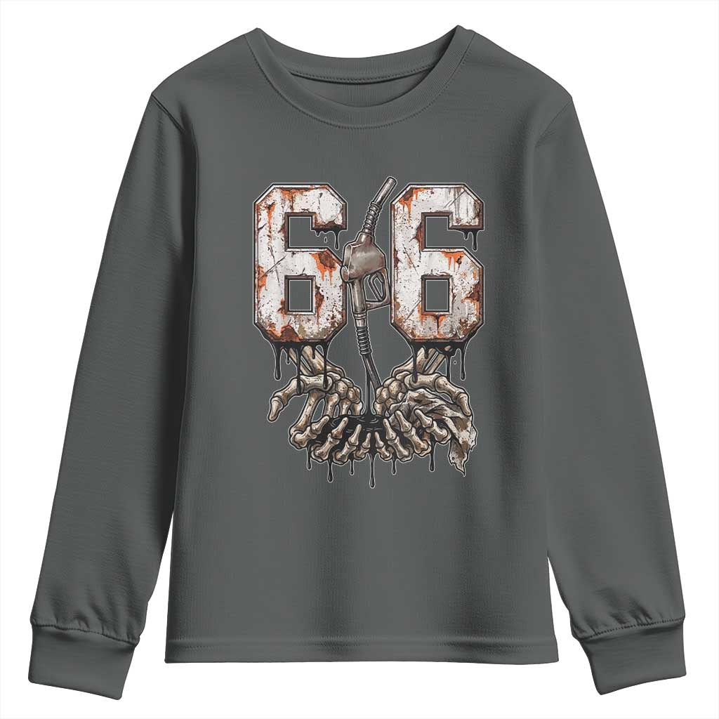 Route Highway 666 Gas Pump Skeleton Hands Youth Sweatshirt Spooky Halloween Road Trip