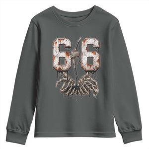 Route Highway 666 Gas Pump Skeleton Hands Youth Sweatshirt Spooky Halloween Road Trip