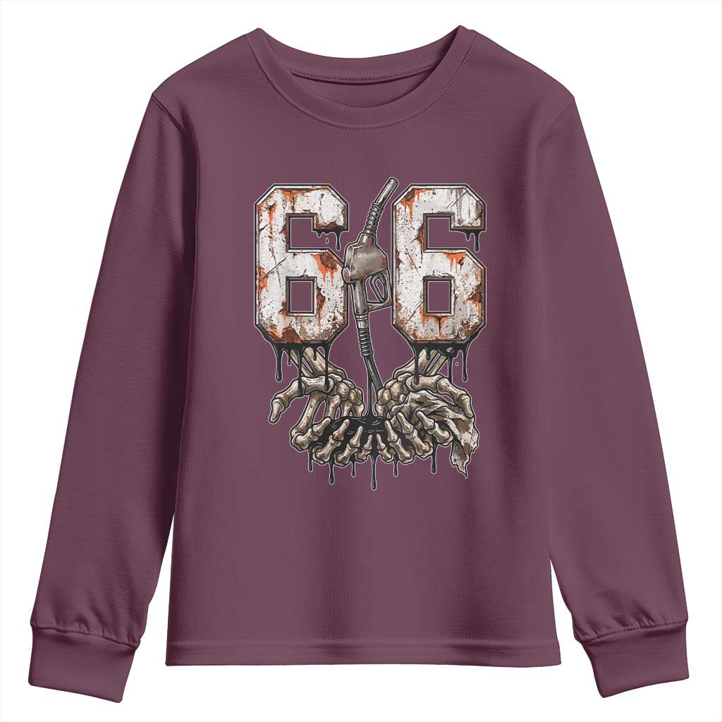 Route Highway 666 Gas Pump Skeleton Hands Youth Sweatshirt Spooky Halloween Road Trip