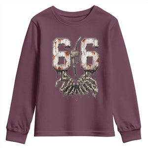 Route Highway 666 Gas Pump Skeleton Hands Youth Sweatshirt Spooky Halloween Road Trip