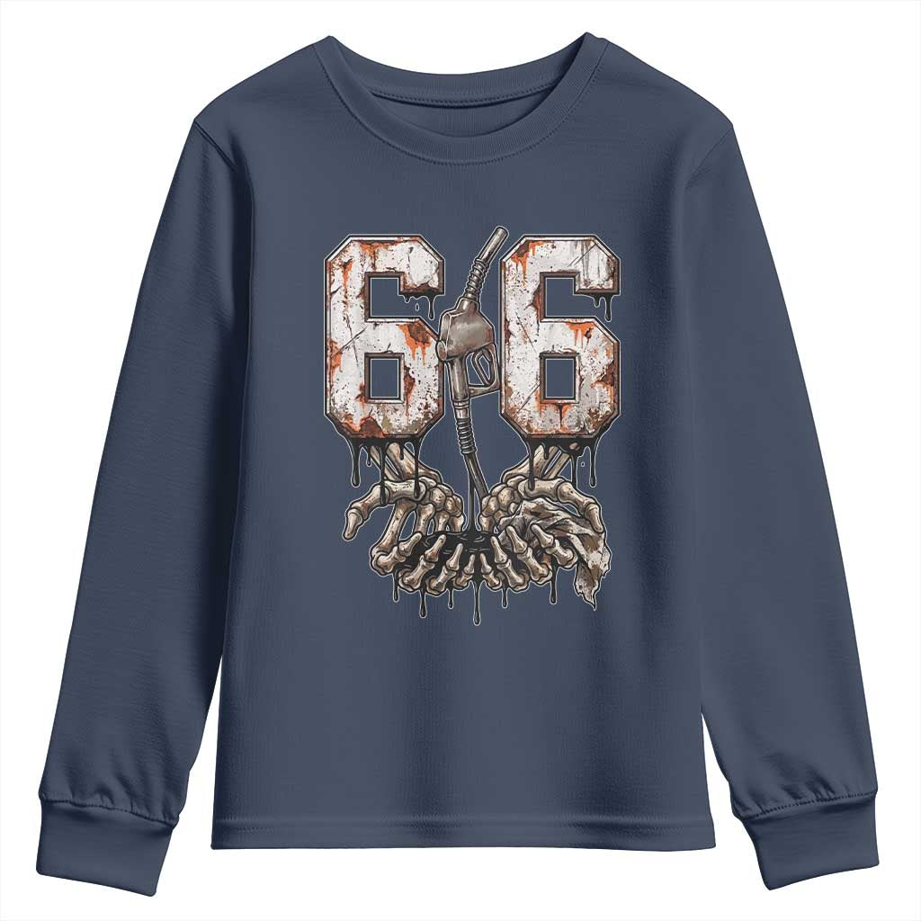 Route Highway 666 Gas Pump Skeleton Hands Youth Sweatshirt Spooky Halloween Road Trip