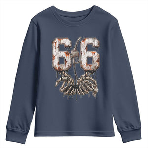 Route Highway 666 Gas Pump Skeleton Hands Youth Sweatshirt Spooky Halloween Road Trip