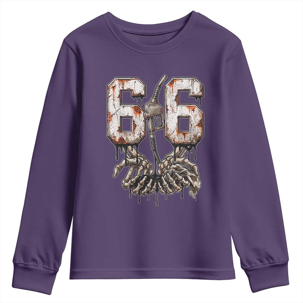 Route Highway 666 Gas Pump Skeleton Hands Youth Sweatshirt Spooky Halloween Road Trip