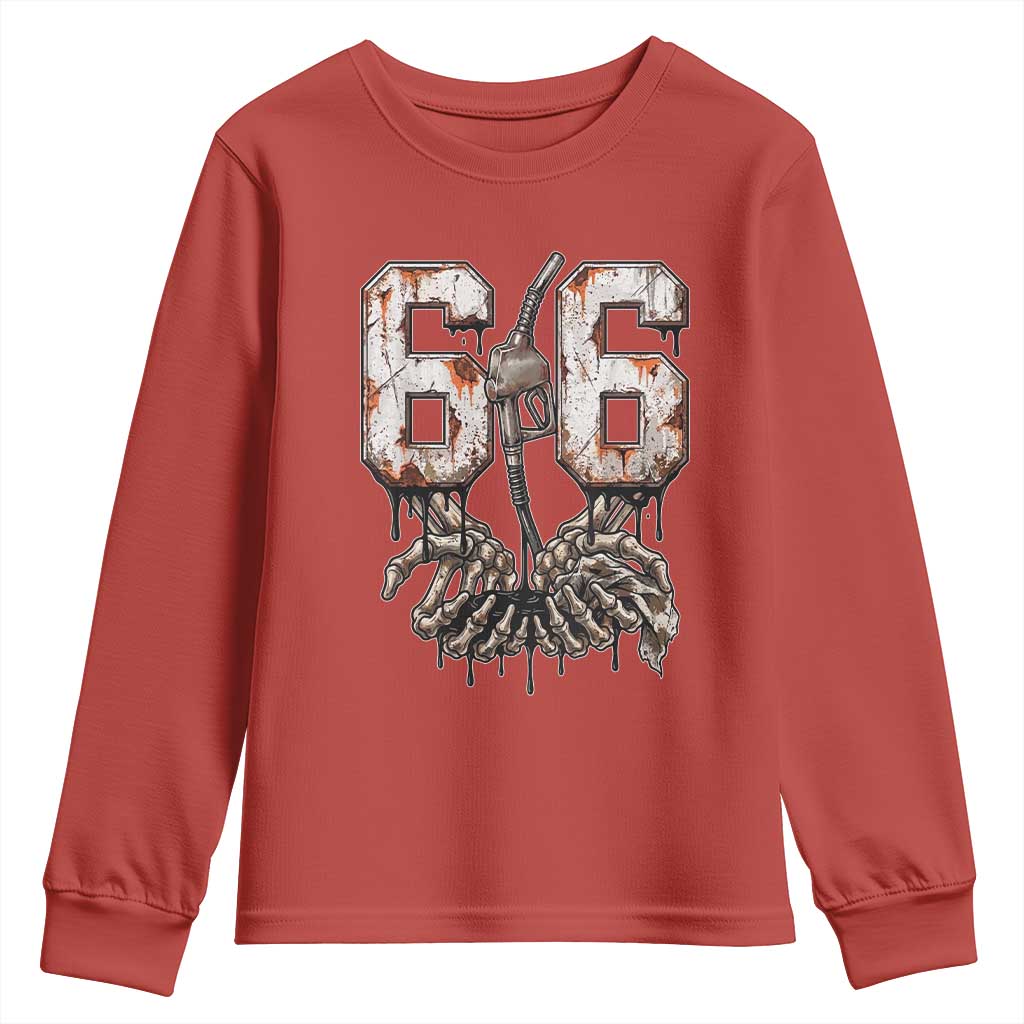 Route Highway 666 Gas Pump Skeleton Hands Youth Sweatshirt Spooky Halloween Road Trip