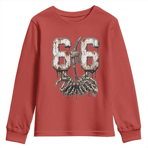 Route Highway 666 Gas Pump Skeleton Hands Youth Sweatshirt Spooky Halloween Road Trip