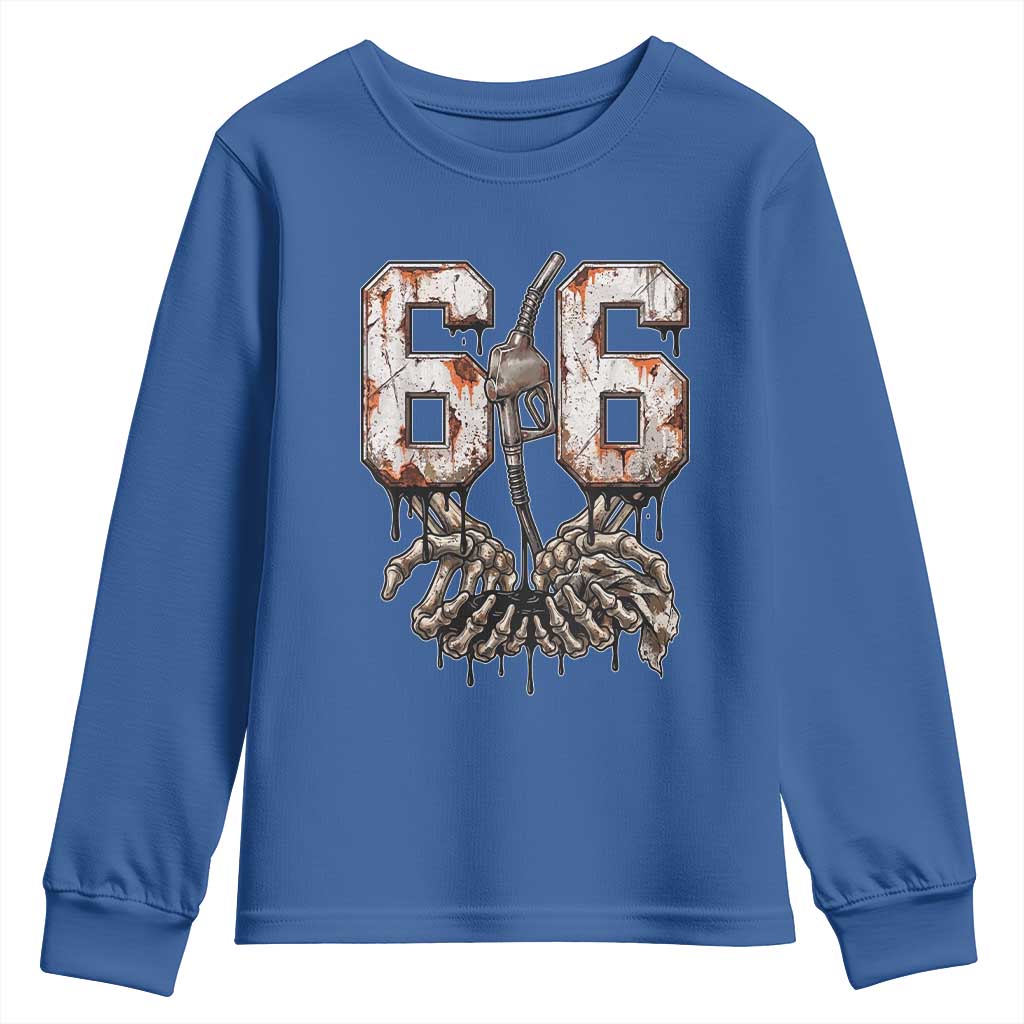 Route Highway 666 Gas Pump Skeleton Hands Youth Sweatshirt Spooky Halloween Road Trip