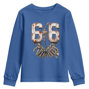 Route Highway 666 Gas Pump Skeleton Hands Youth Sweatshirt Spooky Halloween Road Trip