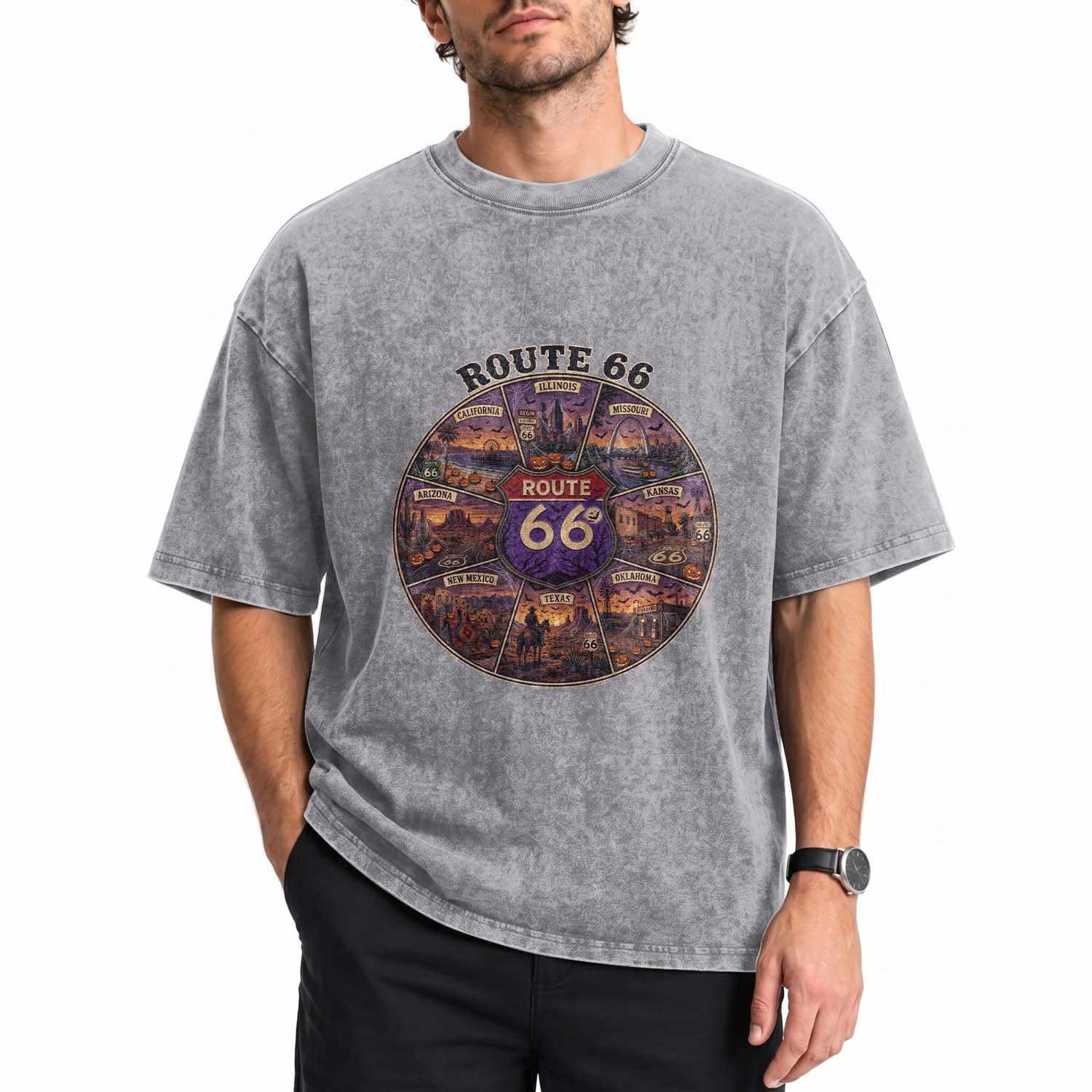 Halloween Route Highway 66 Spooky Wheel Washed Cotton T-Shirt 8 States Road Trip Travel Gift
