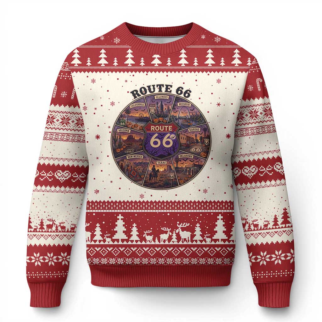 Halloween Route Highway 66 Spooky Wheel Ugly Christmas Sweater 8 States Road Trip Travel Gift