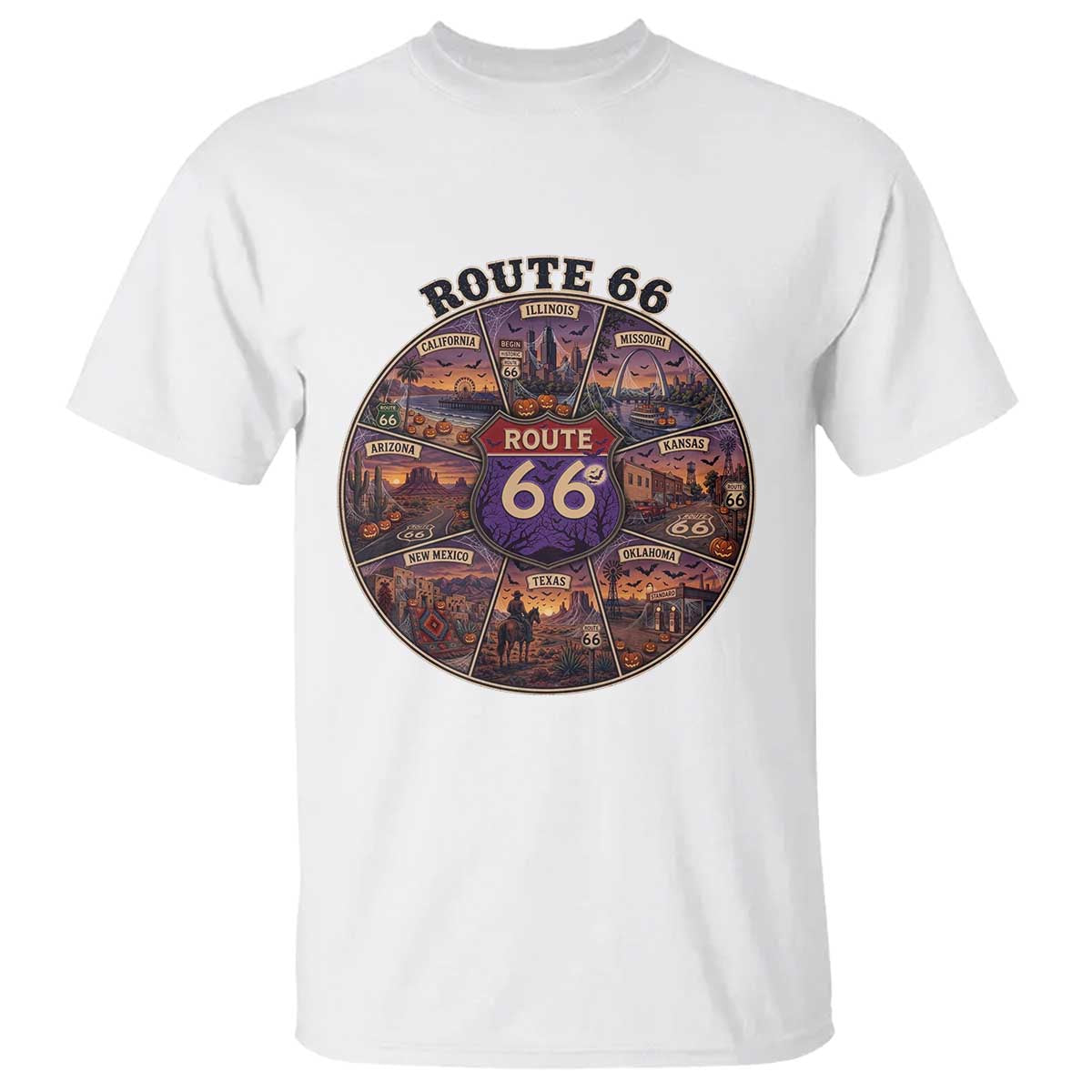 Halloween Route Highway 66 Spooky Wheel T Shirt 8 States Road Trip Travel Gift