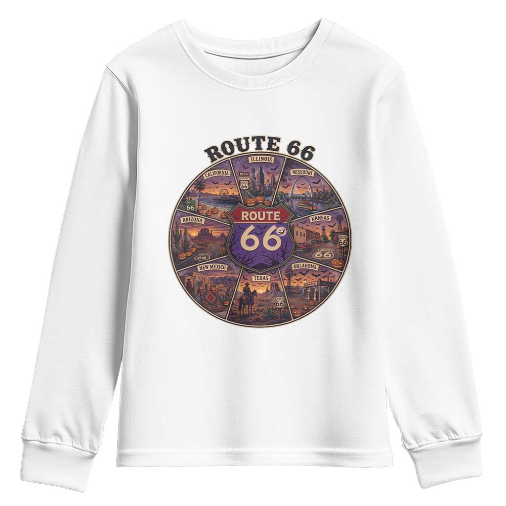 Halloween Route Highway 66 Spooky Wheel Youth Sweatshirt 8 States Road Trip Travel Gift