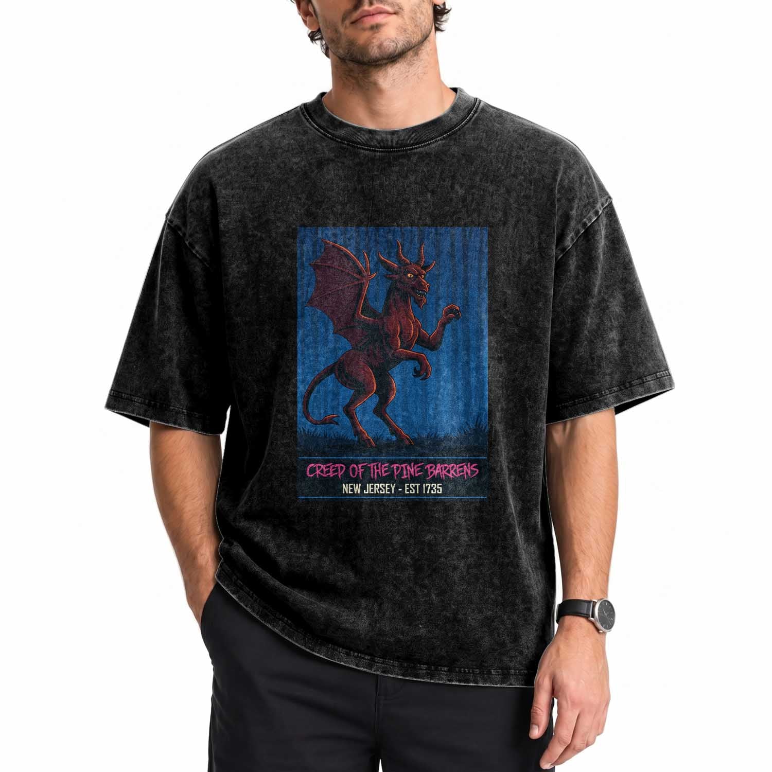 Jersey Devil Washed Cotton T-Shirt Creep Of The Pine Barrens New Jersey Est 1735