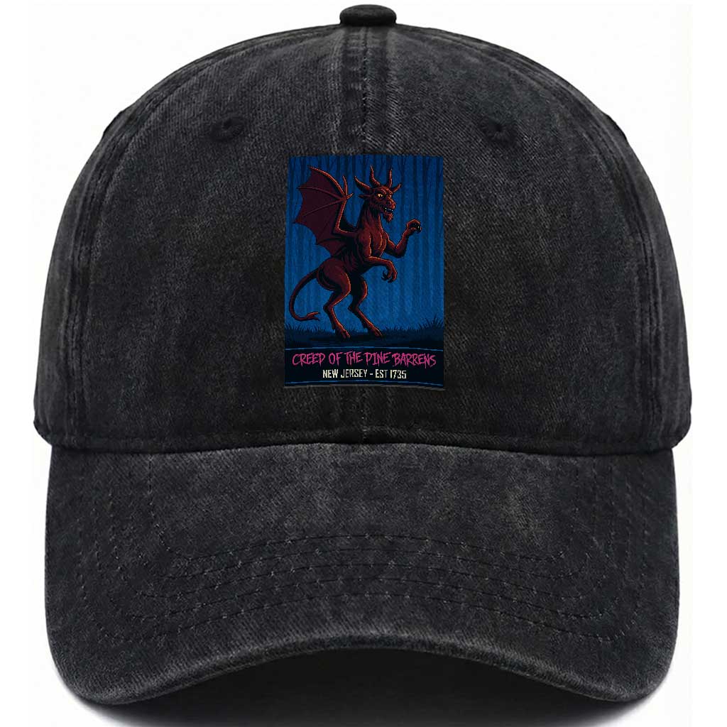 Jersey Devil Washed Cotton Baseball Cap Creep Of The Pine Barrens New Jersey Est 1735 TS12 Washed Cap Universal Fit Black Print Your Wear