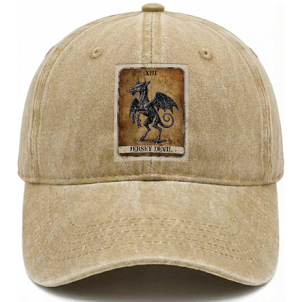 Jersey Devil Washed Cotton Baseball Cap Horror Tarot Card Urban Legends Gift TS12 Washed Cap Universal Fit Khaki Print Your Wear