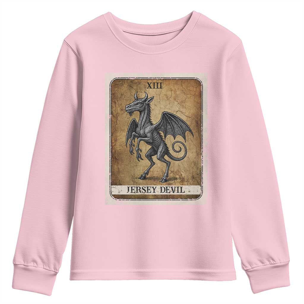 Jersey Devil Youth Sweatshirt Horror Tarot Card Urban Legends Gift TS12 Light Pink Print Your Wear