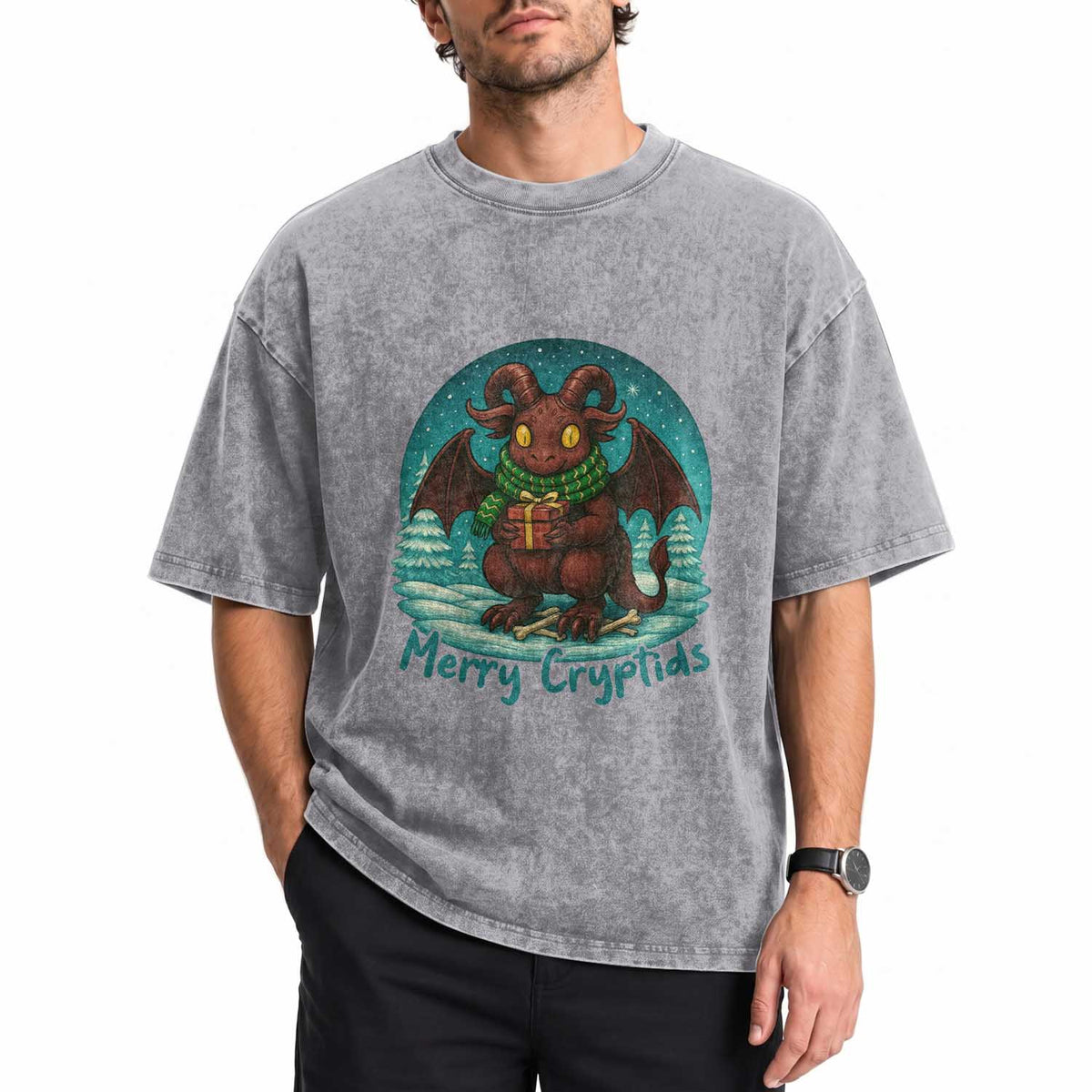Jersey Devil Washed Cotton T-Shirt Merry Cryptidmas Funny Christmas Gift