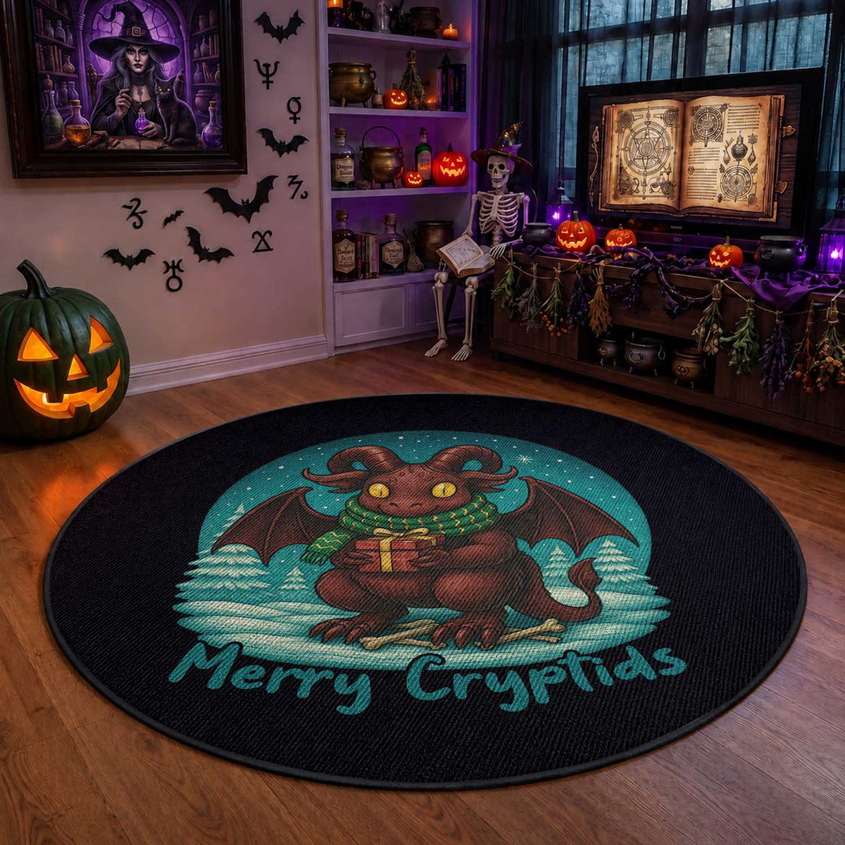 Jersey Devil Round Rug Merry Cryptidmas Funny Christmas Gift