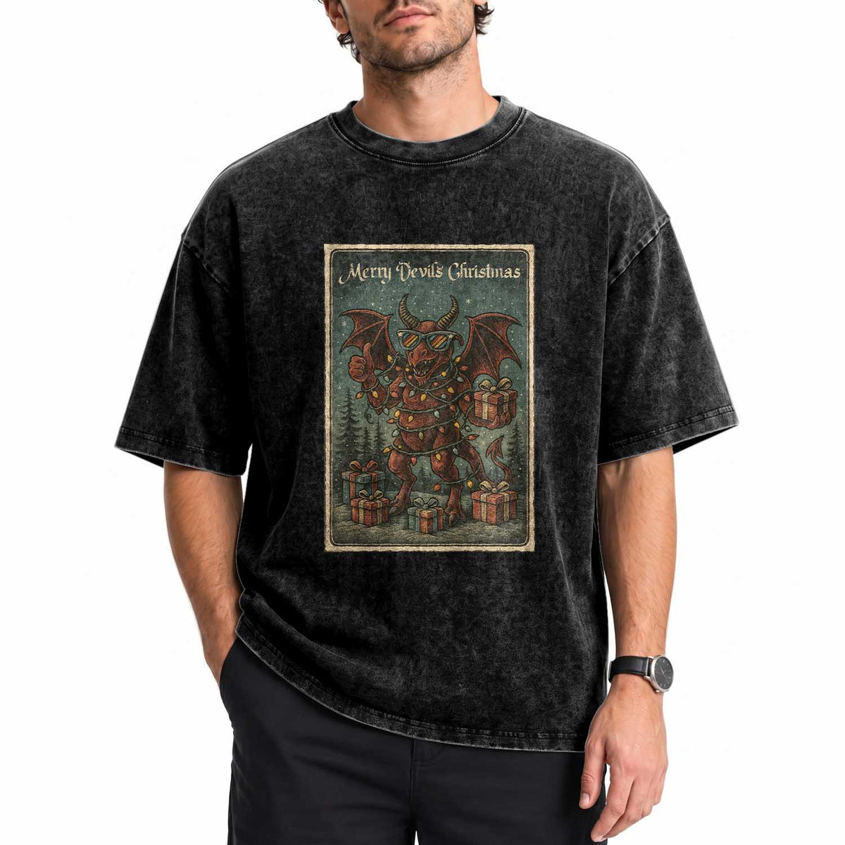Jersey Devil Merry Devils Christmas Gift Washed Cotton T-Shirt