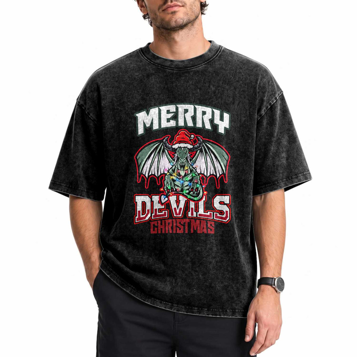 Jersey Devil Washed Cotton T-Shirt Merry Devils Christmas Cryptid Gift