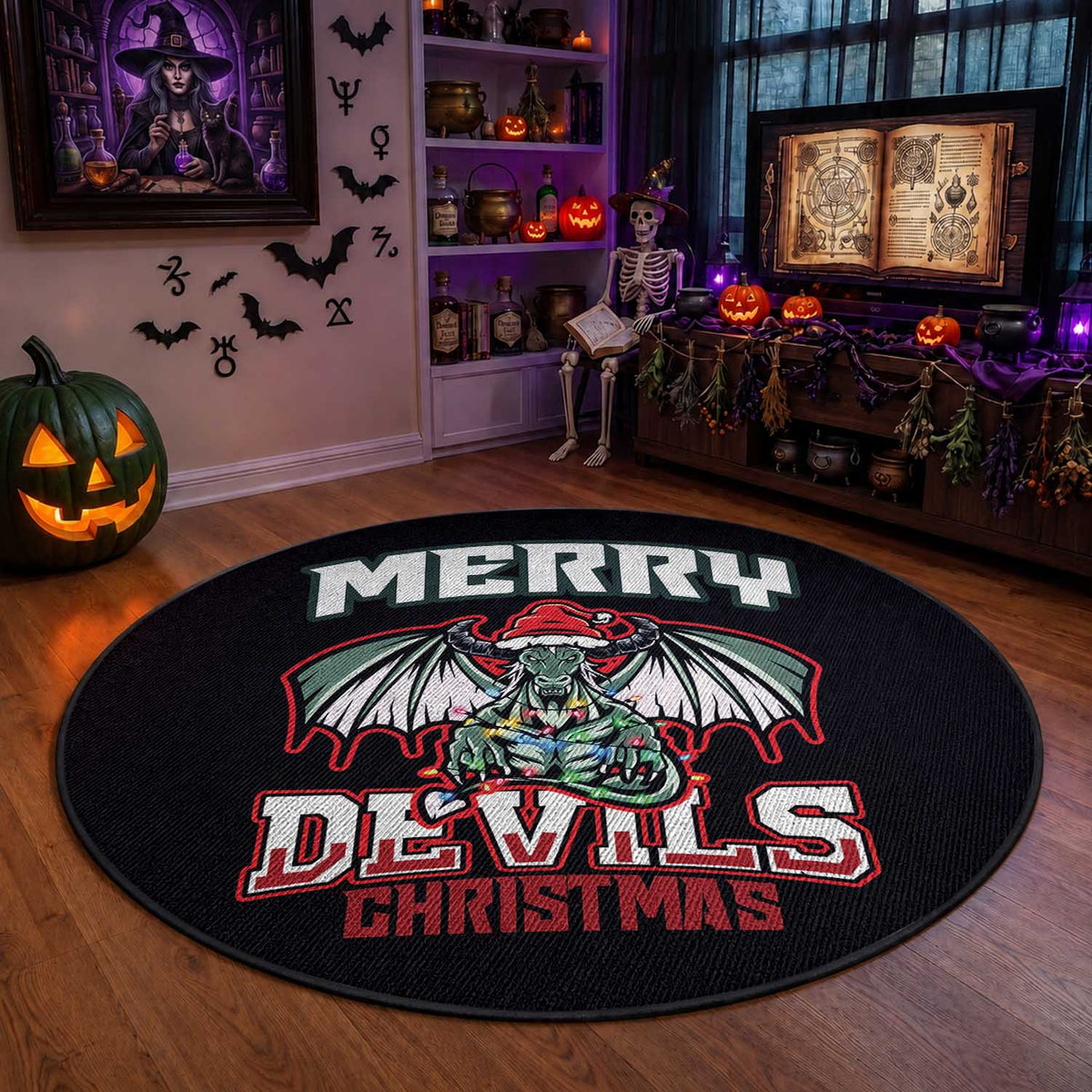 Jersey Devil Round Rug Merry Devils Christmas Cryptid Gift
