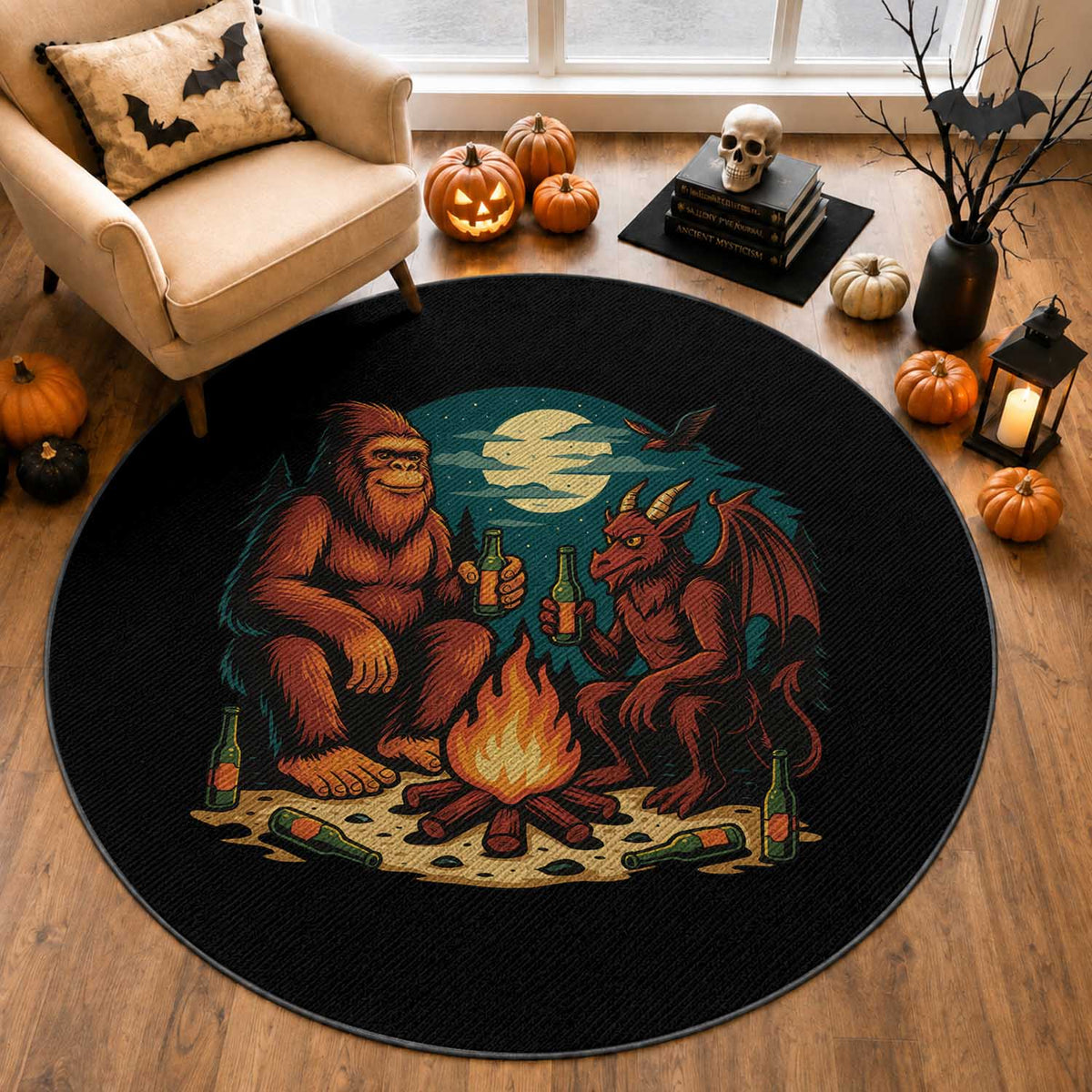 Funny Bigfoot And Jersey Devil Camping Cryptid Gift Round Rug